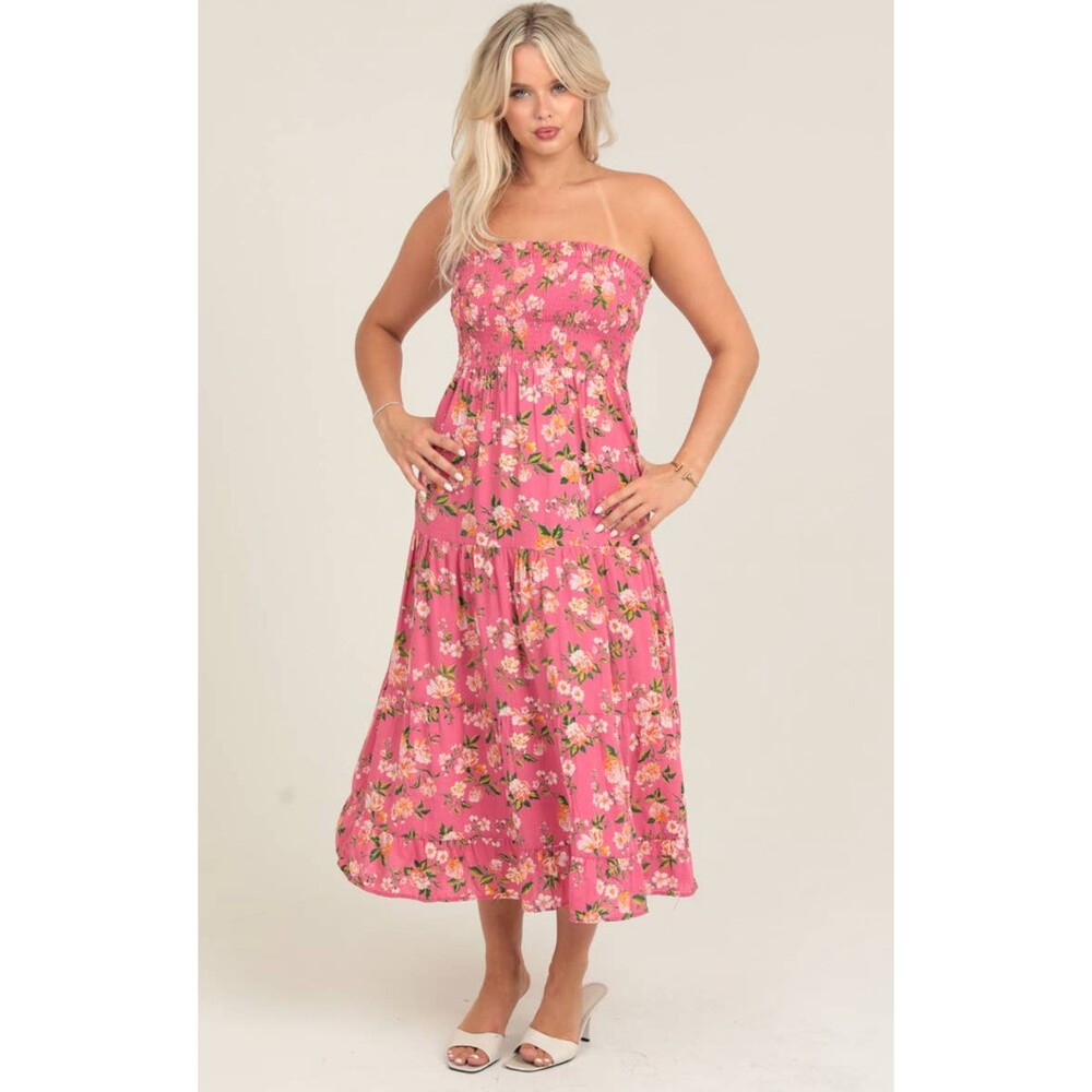 Angie Pink L Multicolor Floral Smocked Strapless Maxi Dress Boho